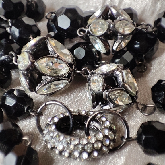 Dramatic Opera Length Black Plastic Faceted Glass Clear Rhinestone Bead Necklace - Picture 5 of 15